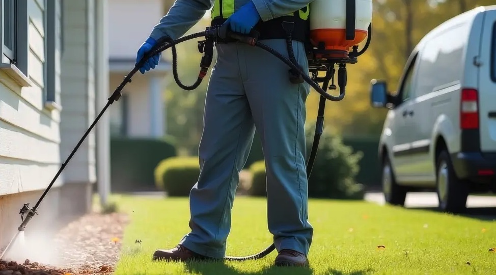 Pest technician with a backpack sprayer treating the foundation line of a home